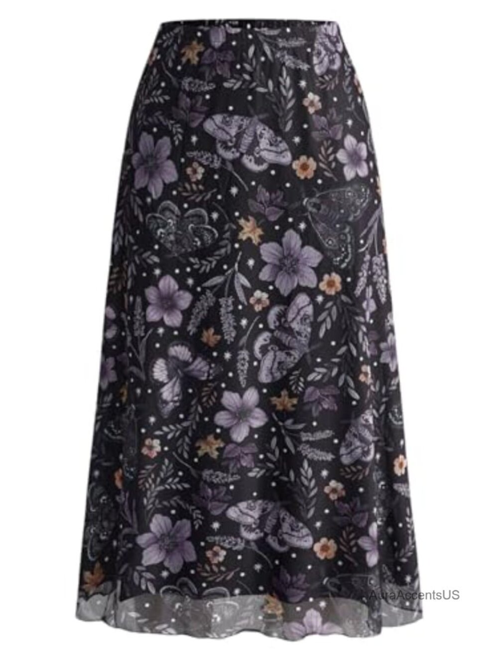 Floral Mesh Midi Skirt Elastic High Rise A Line Swing